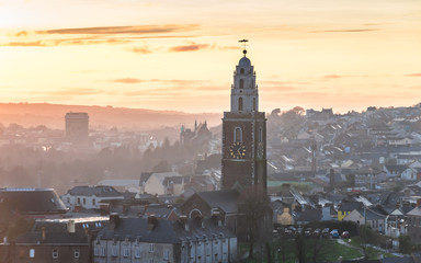 Beautiful sunset scene Cork Ireland Patrick's Hill panorama Shandon Bell church