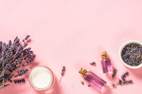 Natural lavender cosmetic on pink. Canvas Print