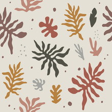 Modern Abstract Terracotta Trendy Seamless Pattern With Random Floral Leaves Different Shapes. Tropical Monstera Silhouettes In Warm Pastel Natural Earthy Color Palette. Beige, Brown, Dark Green And M