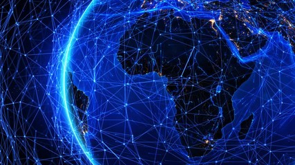 rotating earth with bright connections forming a world network. africa. this video can be used to re