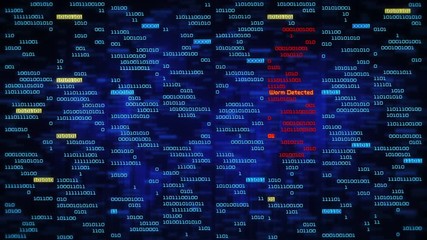 Binary data code animation showing warning messages in a virtual environment. Security breach concept, warning texts in a virtual environment.  System hacked. Virus and malware detected. Frontal-blue.