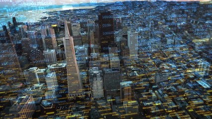 Big data over San Francisco aerial shot. Futuristic city where every building, home appliance, device and person is connected forming a computer network.  