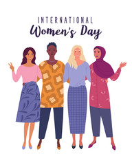 Wall Mural - International Women's Day. Vector illustration of four happy smiling diverse women standing together. Isolated on white