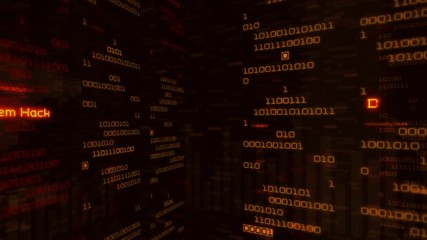 Binary data code animation showing warning messages in a virtual environment. Security breach concept, warning texts in a virtual environment.  System hacked. Virus and malware detected.