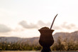 Gaucho yerba mate tea, the chimarão, typical brazilian drink, traditionally in a cuiade bombilla stick gourd against wooden background. Rio Grande do Sul, preferred drink of the gauchos.