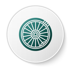 Green Car wheel icon isolated on white background. White circle button. Vector Illustration