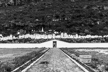 Black And White Photo Of Entrance Of Ancient Byzantine Cemetery In Brazil