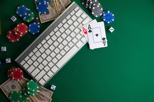 Poker Online, Casino, Online Gaming Business. Chips, Cards Money And Pc. Background For Online Gaming Business.