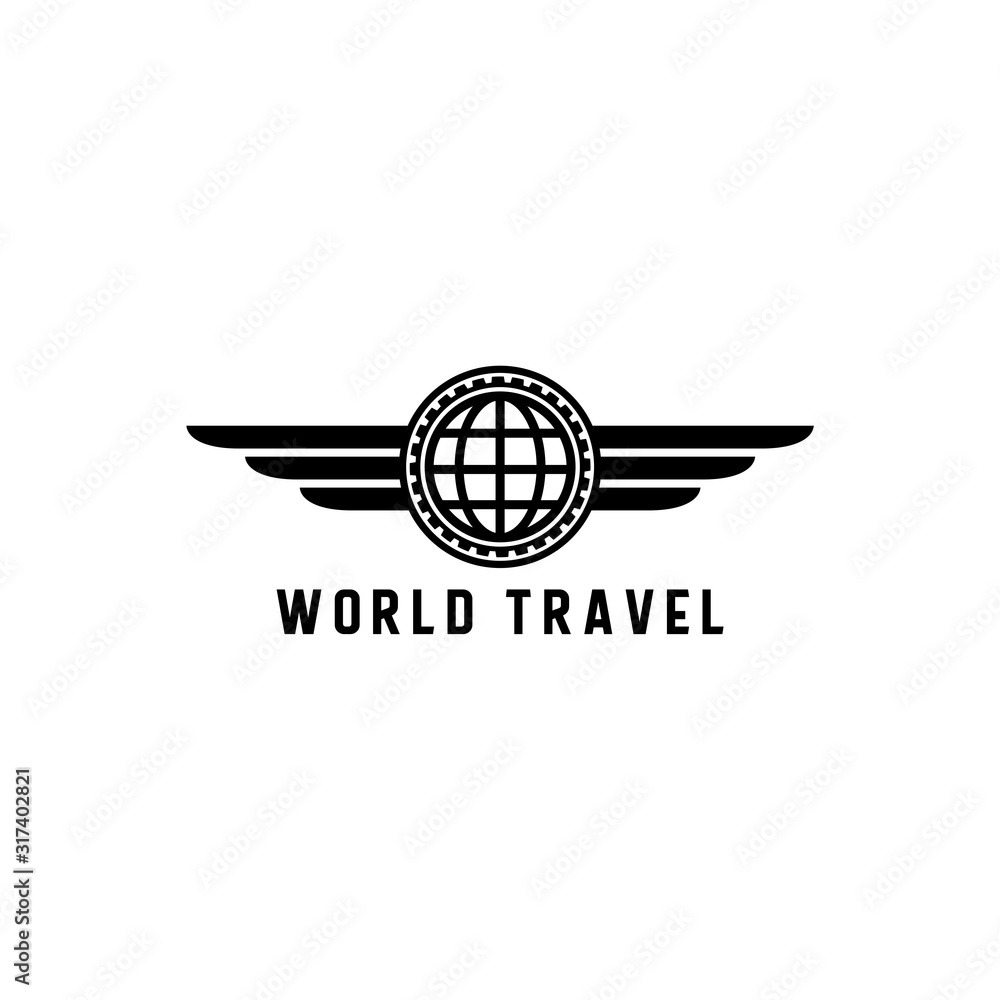 vector world travel wings and globe emblem logo design