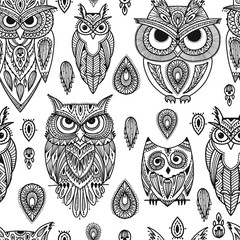 Canvas Print - Cute owls family, seamless pattern for your design