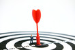 © miniartkur - Business strategy conceptual photo - Miniature businessman with red arrow on a dartboard