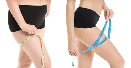 Sticker - Young woman with measuring tape before and after weight loss on white background