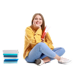 Sticker - Beautiful young woman with books on white background