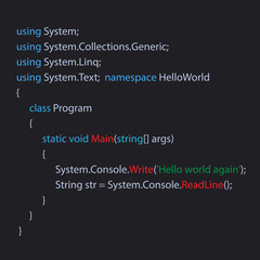 C sharp code text. Computer software coding vector concept. Computer science lesson.