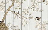 Light textured background, white magnolia flowers on a tree and birds