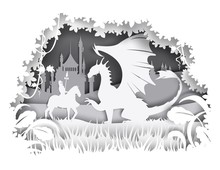 Knight Fighting Dragon, Vector Illustration In Paper Art Style