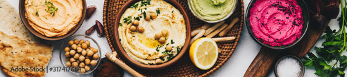 Fotomural Flat-lay of Various Vegetarian dips hummus