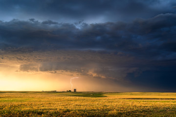 Wall Mural - stormy sky over a farm field at sunset