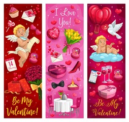 Wall Mural - Cupids, Valentines Day holiday gifts, love arrows and hearts romantic love vector banners. Chocolate cake, ring and balloons, amurs, flower bouquet and letter, calendar, candies