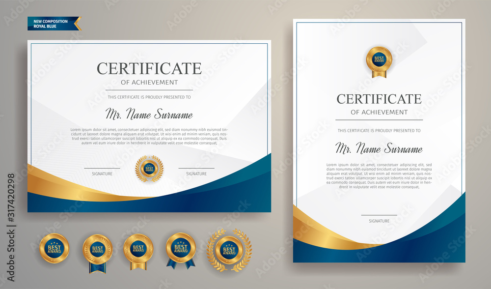 Blue and gold certificate of achievement template with gold badge and ...