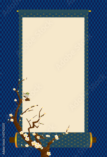 春のイメージの風景イラスト 白梅とメジロのイラストと和風の巻物の背景素材 Vetor Do Stock Adobe Stock