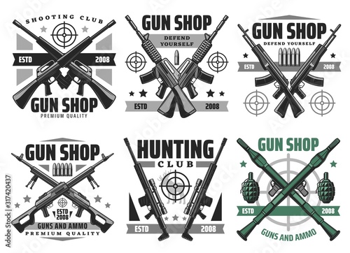 Fotografía Gun shop and hunting ammo, equipment store vector icons