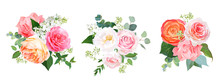 Orange Ranunculus, Pink Rose, Hydrangea, Coral Carnation Bouquets