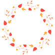 Round frame with horizontal red, orange, yellow leaves and decorative elements leaves on white background. Isolated wreath for your design.