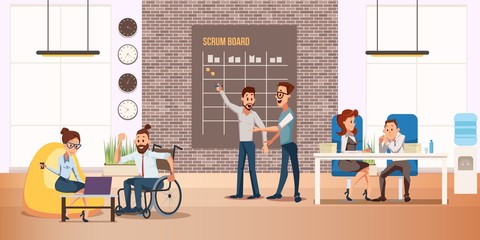 Wall Mural - Disabled People Full Life and Self-Realization Trendy Flat Vector Concept. Happy and Positive Man in Wheelchair Working in Coworking Office, Taking Part in Business Startup Development Illustration