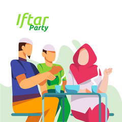 Canvas Print - Moslem family dinner on Ramadan Kareem or celebrating Eid with people character. Iftar Eating After Fasting feast party concept. web landing page template, banner, presentation, social or print media