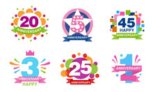 Colorful Anniversary Labels Collection, 20, 5, 45, 3, 25, 1 Years Celebration Badges Vector Illustration
