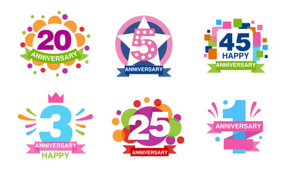 Wall Mural - Colorful Anniversary Labels Collection, 20, 5, 45, 3, 25, 1 Years Celebration Badges Vector Illustration