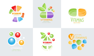 Canvas Print - Vitamins Original Design Logo Collection, Healthy Life, Medicine Labels Vector Illustration