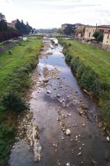 The Pescia river in the town of Pescia, Tuscany, Italy