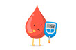 Cute cartoon doubt blood drop character with glucometer. Diabetic glucose measuring device with border indication sugar level. Vector high glucose diabetes risk flat illustration