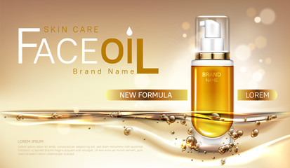 Face oil cosmetics bottle mock up banner, repair beauty skin care product pump tube with gold liquid on blurred background. Facial cosmetic package design, magazine ad Realistic 3d vector illustration