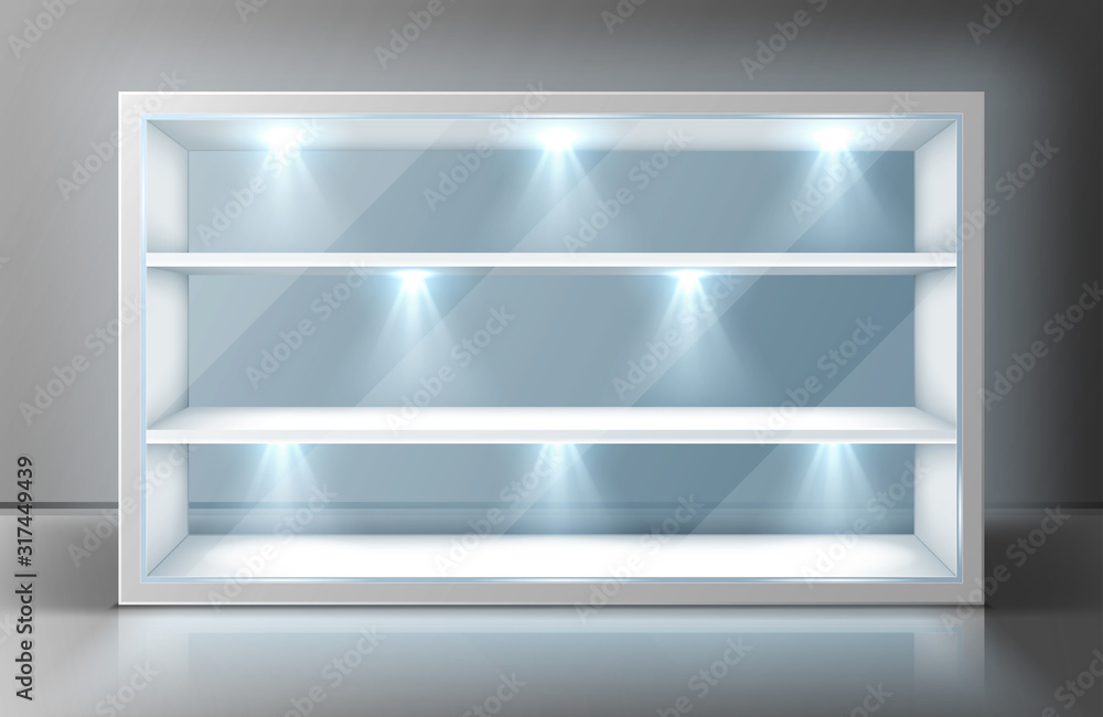 Showcase with glass wall, white shelves and spotlights. Vector ...