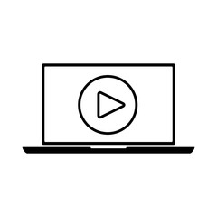 flat black laptop icon with play button on white background. online player symbol