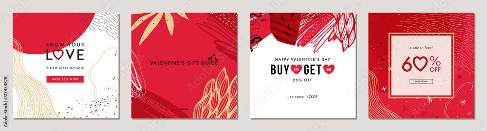 Happy Valentine's Day greeting cards. Trendy abstract square art templates. Suitable for social media posts, mobile apps, banners design and web/internet ads. Vector fashion backgrounds. - obrazy, fototapety, plakaty 