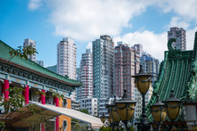 Traditional, Classic Chinese Temple Roof And Modern Skyscraper Architecture In HongKong -