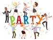 © Vectorvstocker - Party at the office, vector illustration. Typography poster with dancing people, funny cartoon characters, business employees celebrating. Birthday party at work, corporate event invitation flat style