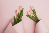 Fototapeta Tulipany - top view of tulips wrapped in paper swirls on pink background