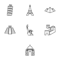 set of seven wonders of the world icons for web or mobile app. eiffel tower icon. statue of liberty 