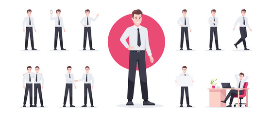 Wall Mural - Businessman set isolated. Man in the workplace. Office worker in suit. Cartoon people in different poses and actions. Cute male character for animation. Simple design. Flat style vector illustration.