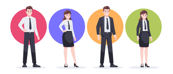Wall Mural - Businessman set isolated. Man and woman in the workplace. Office worker in suit. Cartoon people in different poses and actions. Cute simple characters for animation. Flat style vector illustration.