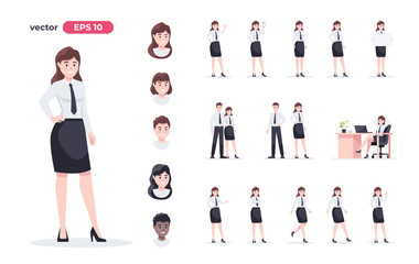 Wall Mural - Businesswoman set. Woman in the workplace. Office worker in suit. Cartoon people in different poses and actions. Cute female character for animation. Simple design. Flat style vector illustration.