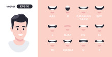 Human Mouth Set. Man Lip Sync Collection For Animation And Sound Pronunciation. Character Face Elements. Emotions: Smiling, Screaming. Simple Cartoon Design. Flat Style Vector Illustration.