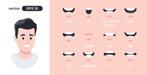 human mouth set. man lip sync collection for animation and sound pronunciation. character face eleme