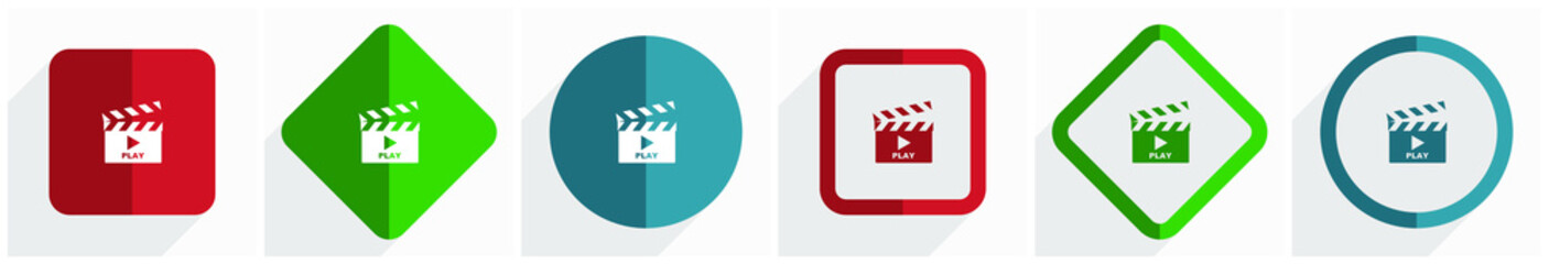 Leinwandbilder - Video icon set, flat design vector illustration in 6 options for webdesign and mobile applications in eps 10