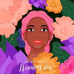 Poster - Young Girl Face with Colorful Flowers and Leaves Decorated Background for Happy Women's Day Concept.